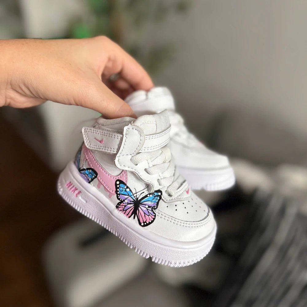 Blue and Pink Drip Butterflies Custom Air Force 1. Baby, Toddler, Little Kids.