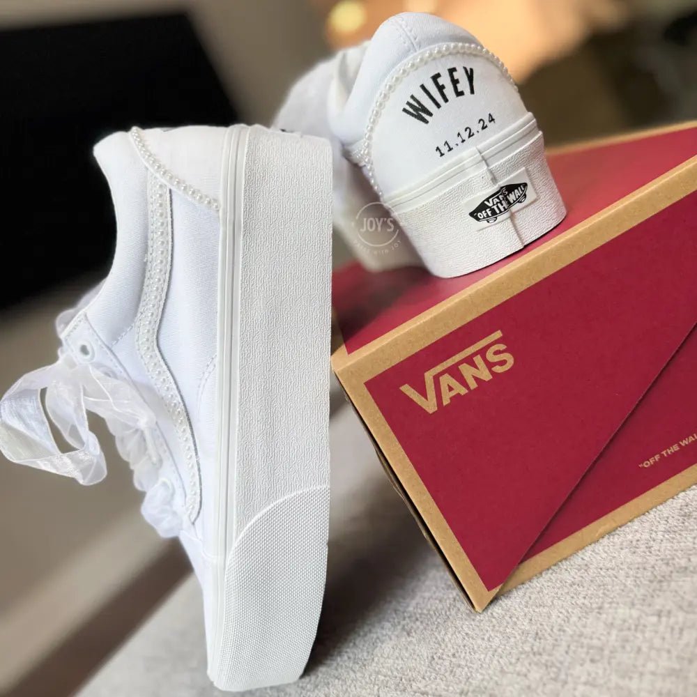 Wedding Sneakers White Pearls Custom Vans Canvas-High Platform.