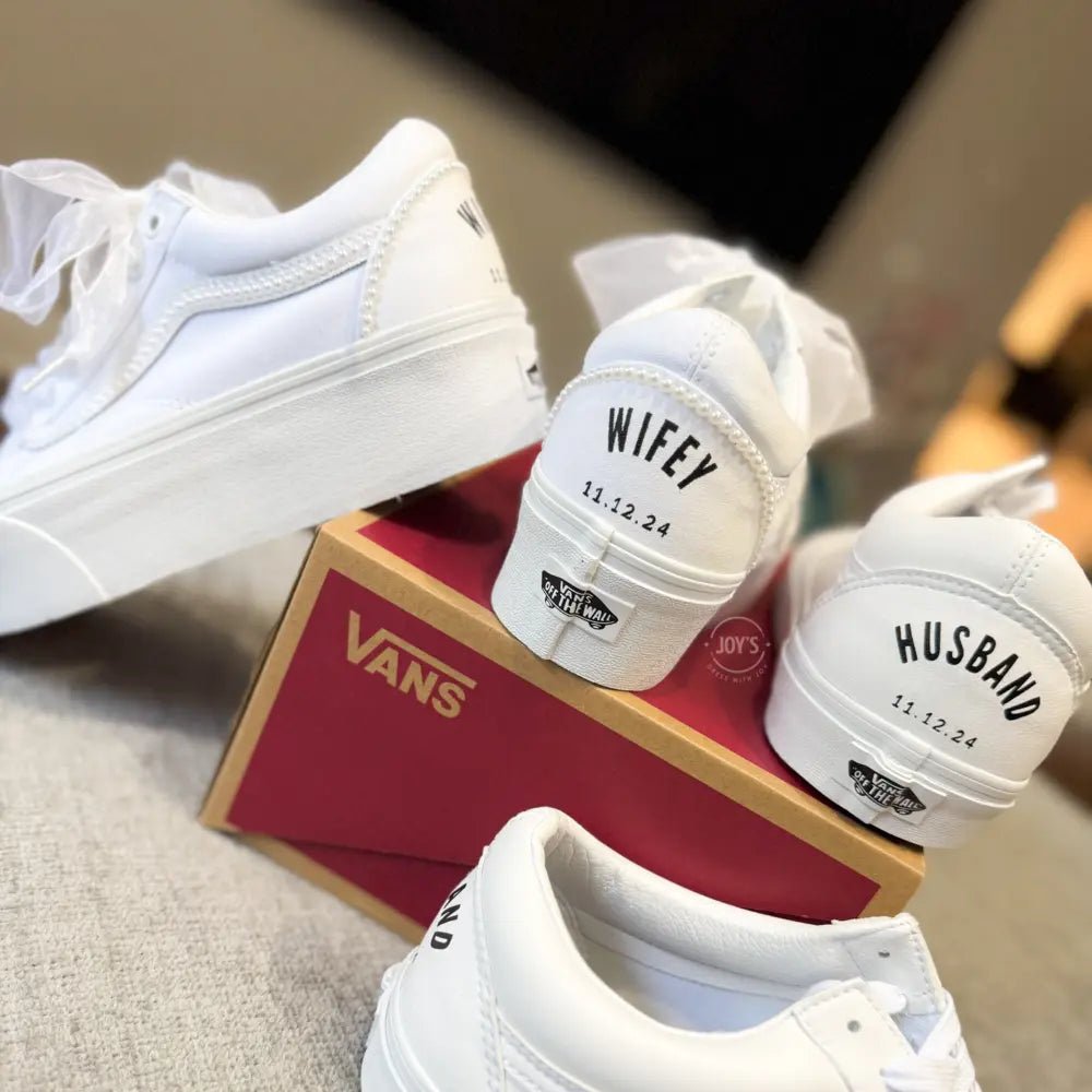 Wedding Sneakers White Pearls Custom Vans Canvas-High Platform.