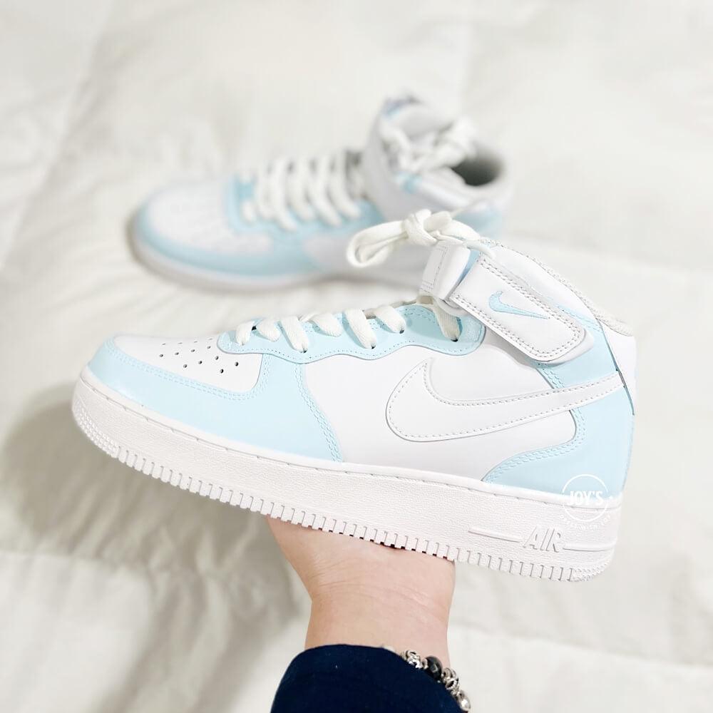 Baby Blue with White Swoosh Custom Air Force 1 Low/Mid/High Sneakers - Sneakers Joy's
