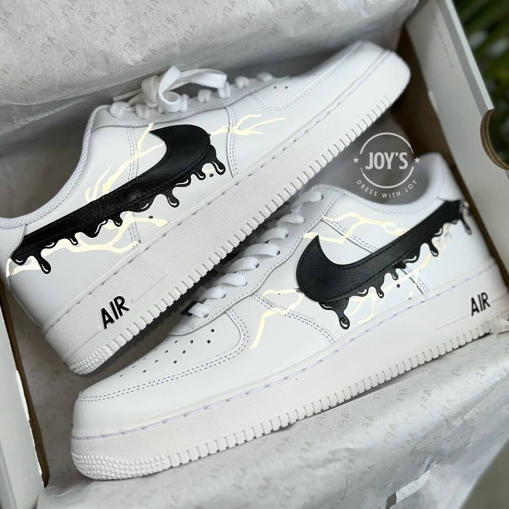 Black Dripping with Reflective Lightning Bolt Custom Air Force 1 Sneakers - Sneakers Joy's