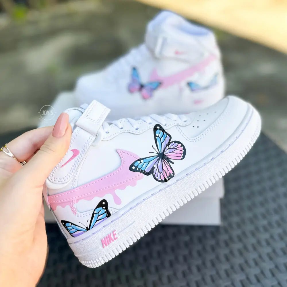 Blue and Pink Drip Butterflies Custom Air Force 1. Baby, Toddler, Little Kids.