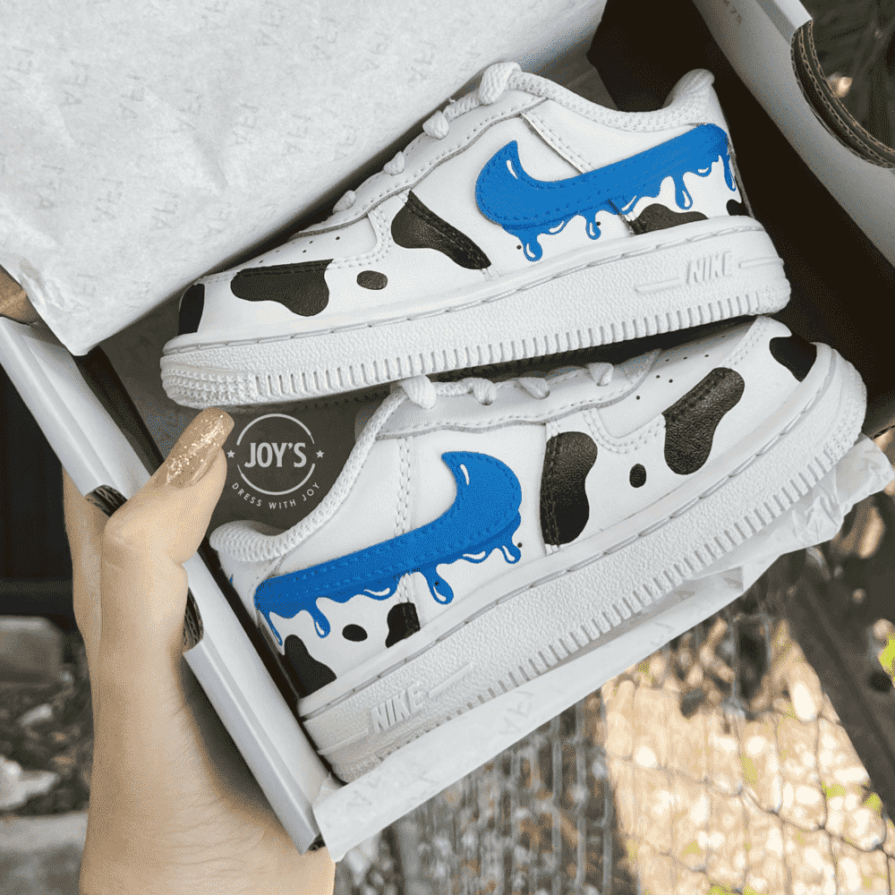 Blue Drip Cow Print Custom Air Force 1 Baby Toddler Little Kids