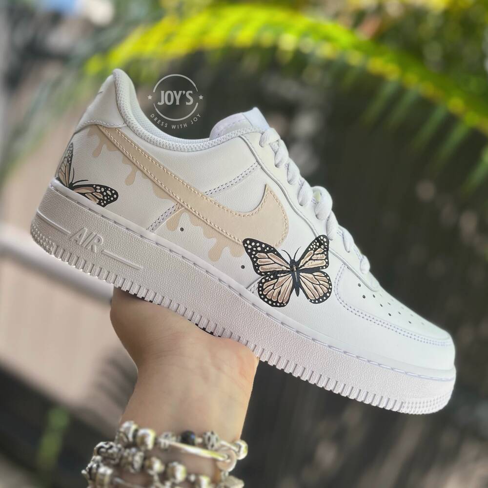 Dripping Beige Custom Air Force 1 Sneakers with Butterflies. Low, Mid & High Top Mid / 12 M / 13.5W