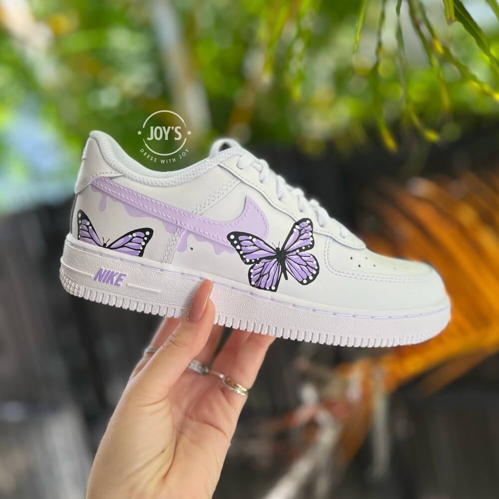 Dripping Purple Custom Air Force 1 Sneakers with Butterflies. Low, Mid & High top - Sneakers Joy's