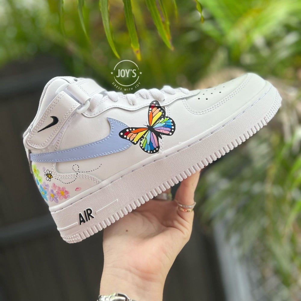 Floral Custom Air Force 1 Sneakers with Colorful Butterfly. Low, Mid & High  top