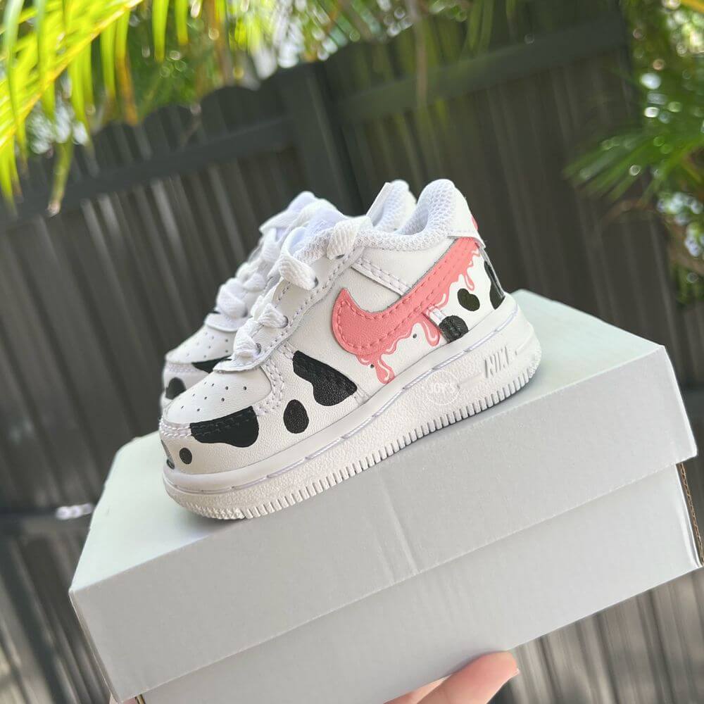 Pink Drip Cow Print Custom Air Force 1 Sneakers. Baby, Toddler, Little Kids.