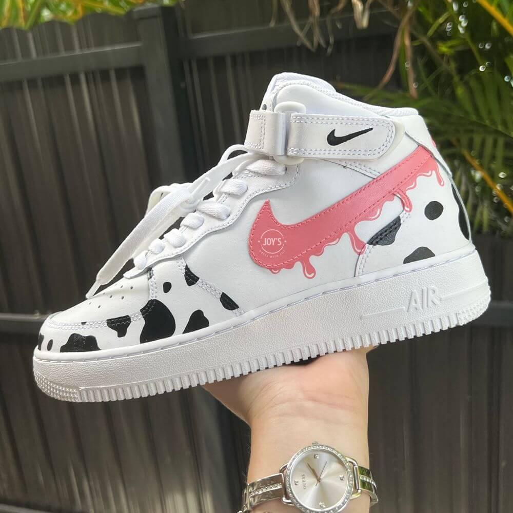 Pink Dripping with Cow Print Custom Air Force 1 Low/Mid/High Sneakers. Girls and Women - Sneakers Joy's