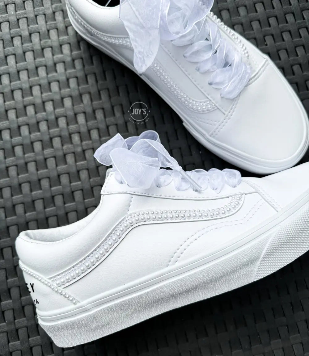 Wedding Sneakers White Pearls Custom Vans.
