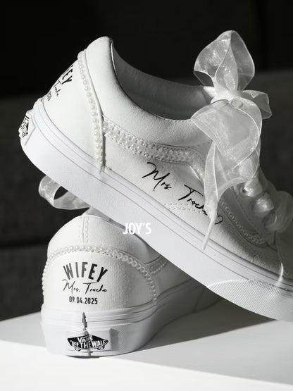 Wedding Sneakers Custom Pearl Canvas Vans