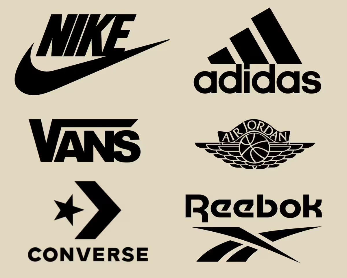 Logos of popular sneaker brands on a beige background