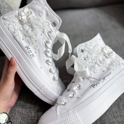 Wedding Sneakers Embroidered Custom Converse - Platform - Sneakers JOY'S Custom Sneakers