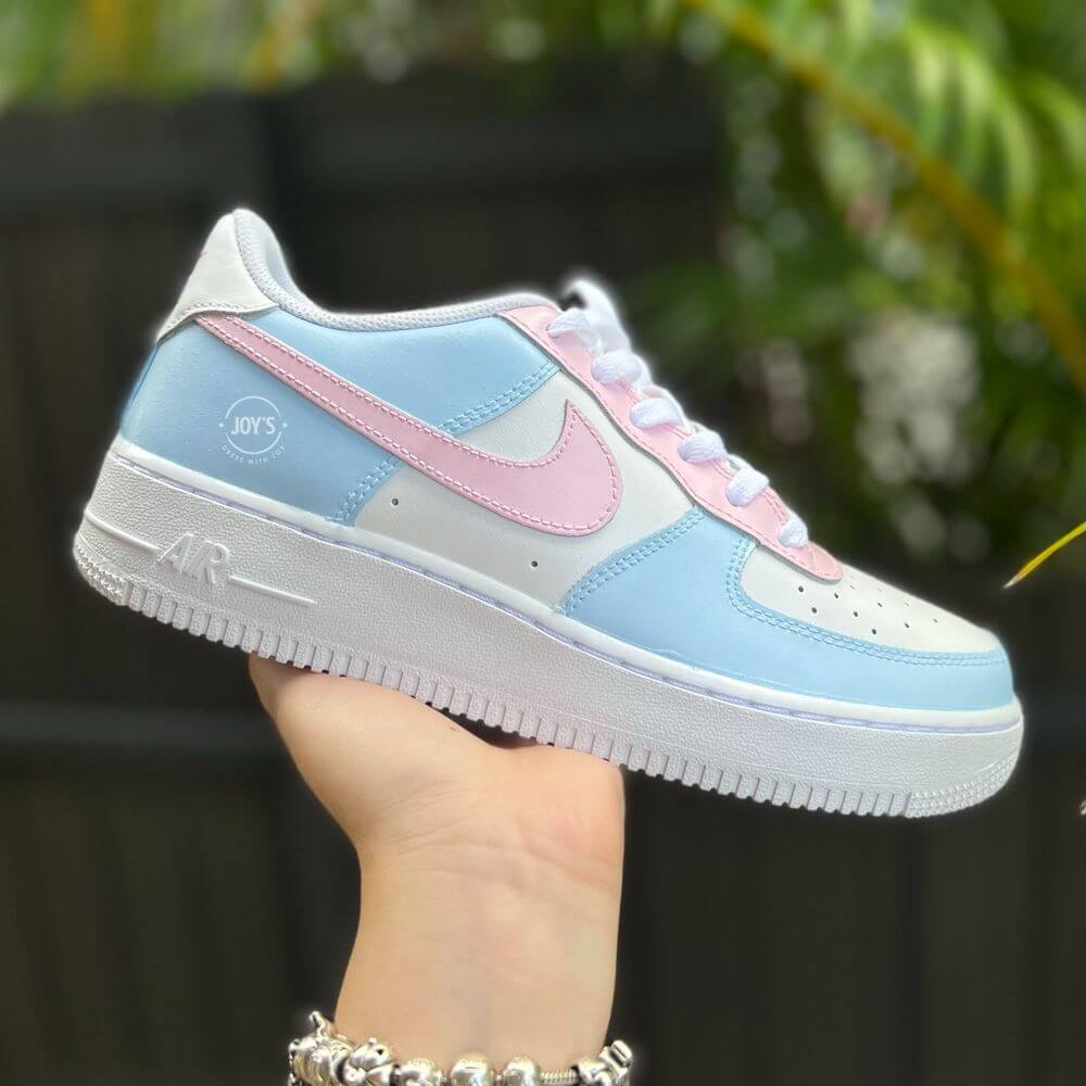Baby Blue and Pink Custom Air Force 1 Sneakers - Sneakers Joy's