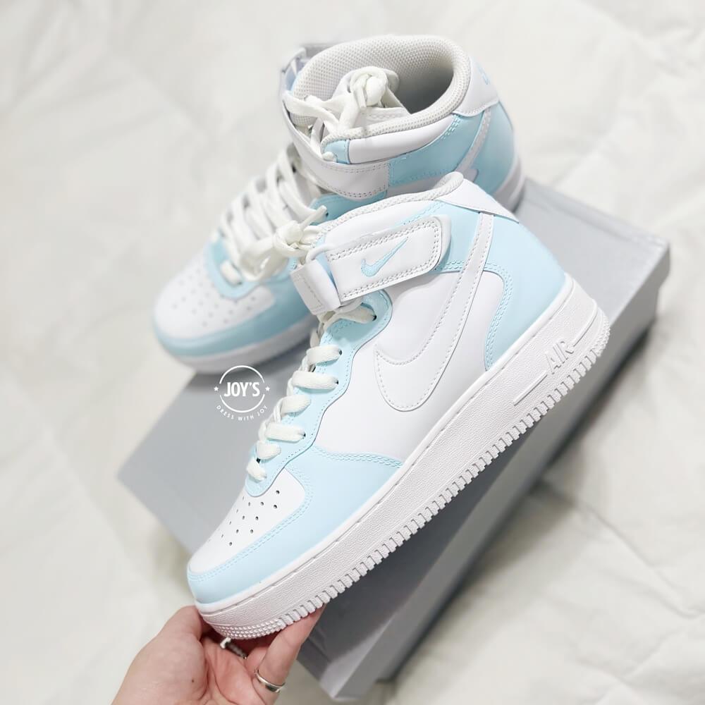 Baby Blue with White Swoosh Custom Air Force 1 Low/Mid/High Sneakers - Sneakers Joy's