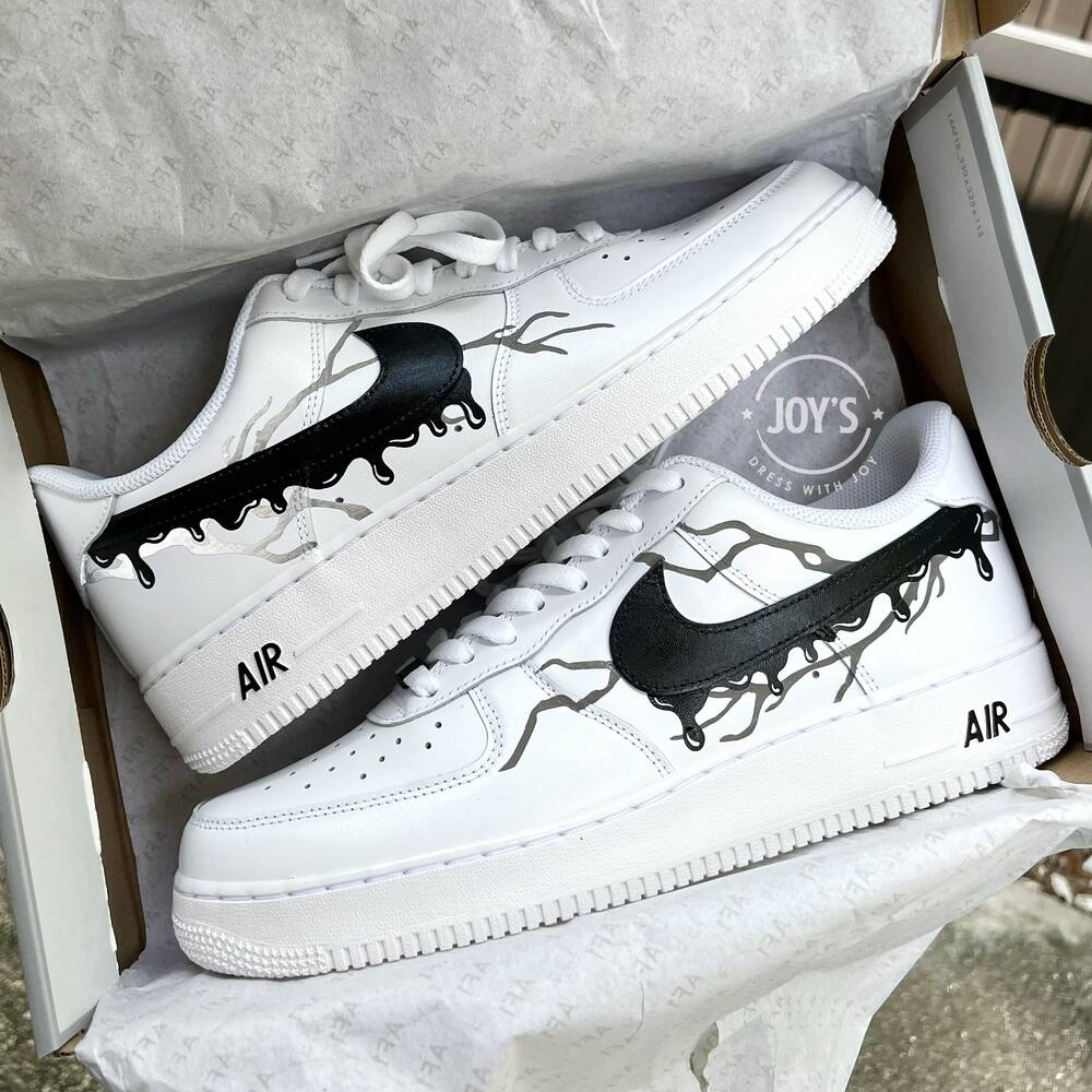 Black Dripping with Reflective Lightning Bolt Custom Air Force 1 Sneakers - Sneakers Joy's