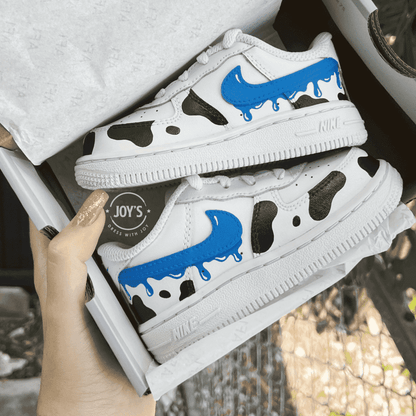 Blue Dripping with Cow Print Custom Air Force 1 Baby, Toddler, Little Kids Sneakers. Low & Mid - Sneakers Joy's