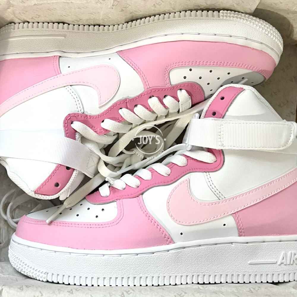 Pink and white air shop force ones high top