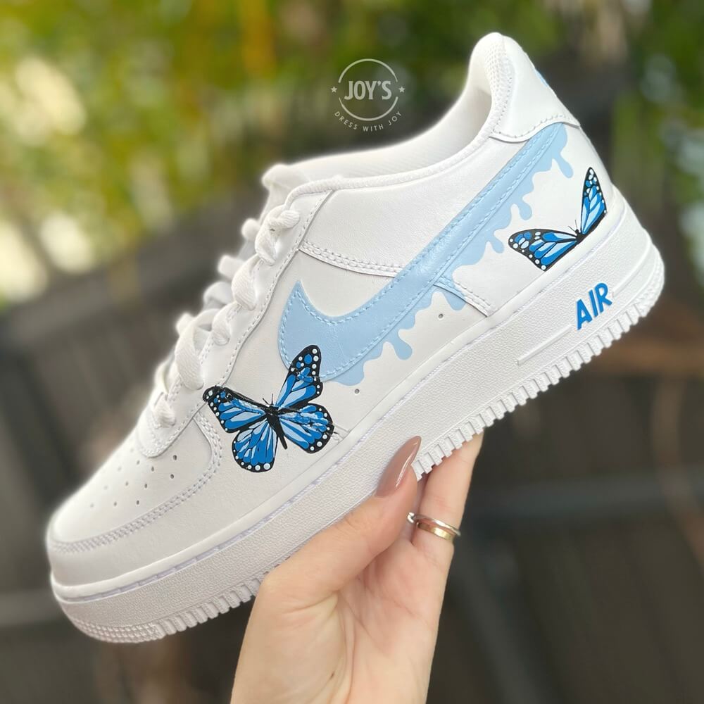 Dripping Blue Custom Air Force 1 Sneakers with Butterflies. Low, Mid & High top - Sneakers Joy's