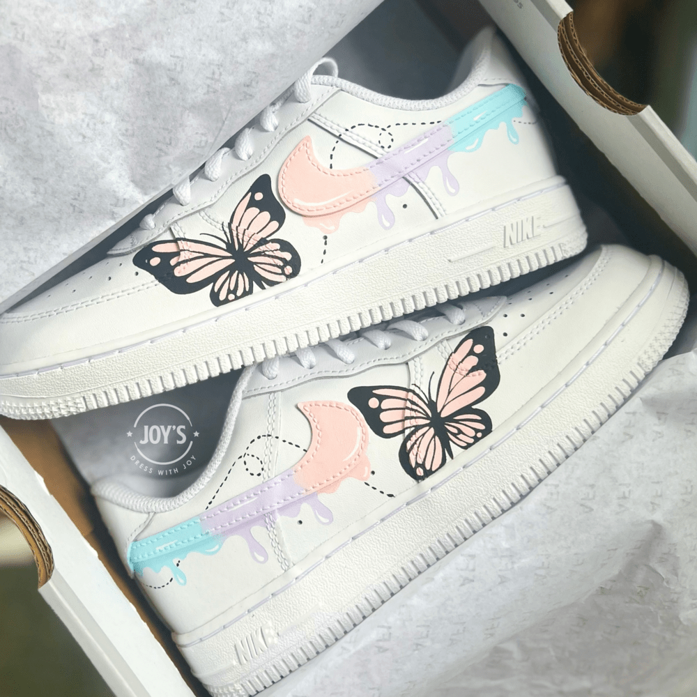 Dripping Pastel Custom Air Force 1 Sneakers with Butterflies. Low, Mid & High top - Sneakers Joy's