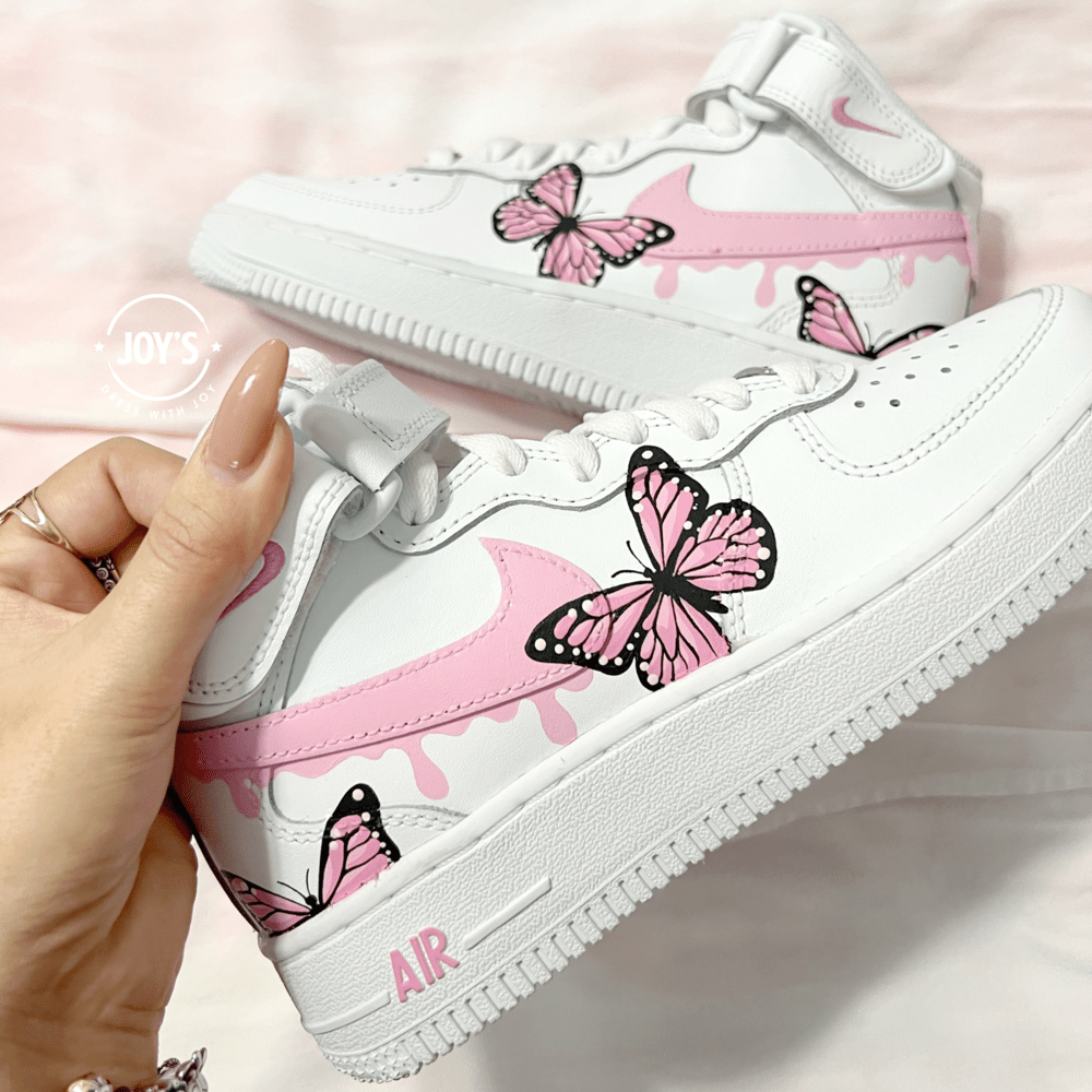 Dripping Pink Custom Air Force 1 Sneakers with Butterflies. Low, Mid & High top - Sneakers JOY'S | Custom Air Force 1 Sneakers