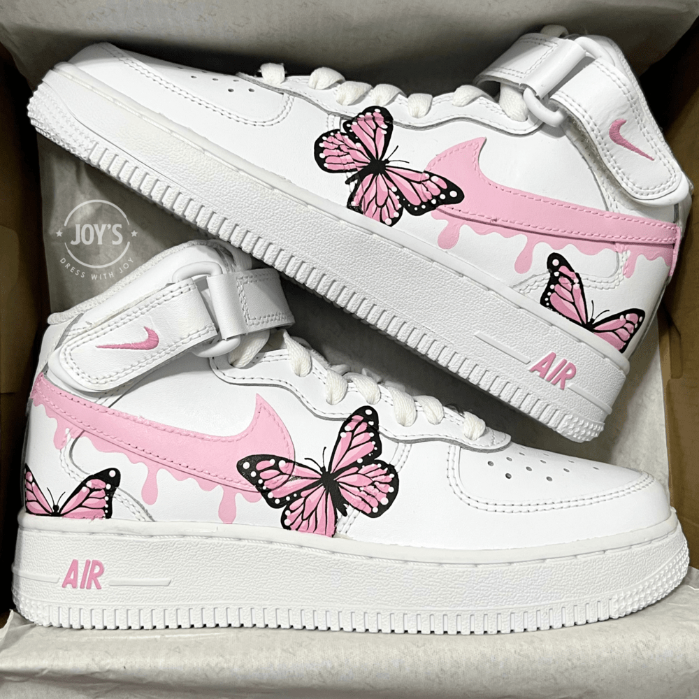 Dripping Pink Custom Air Force 1 Sneakers with Butterflies. Low, Mid & High top - Sneakers JOY'S | Custom Air Force 1 Sneakers