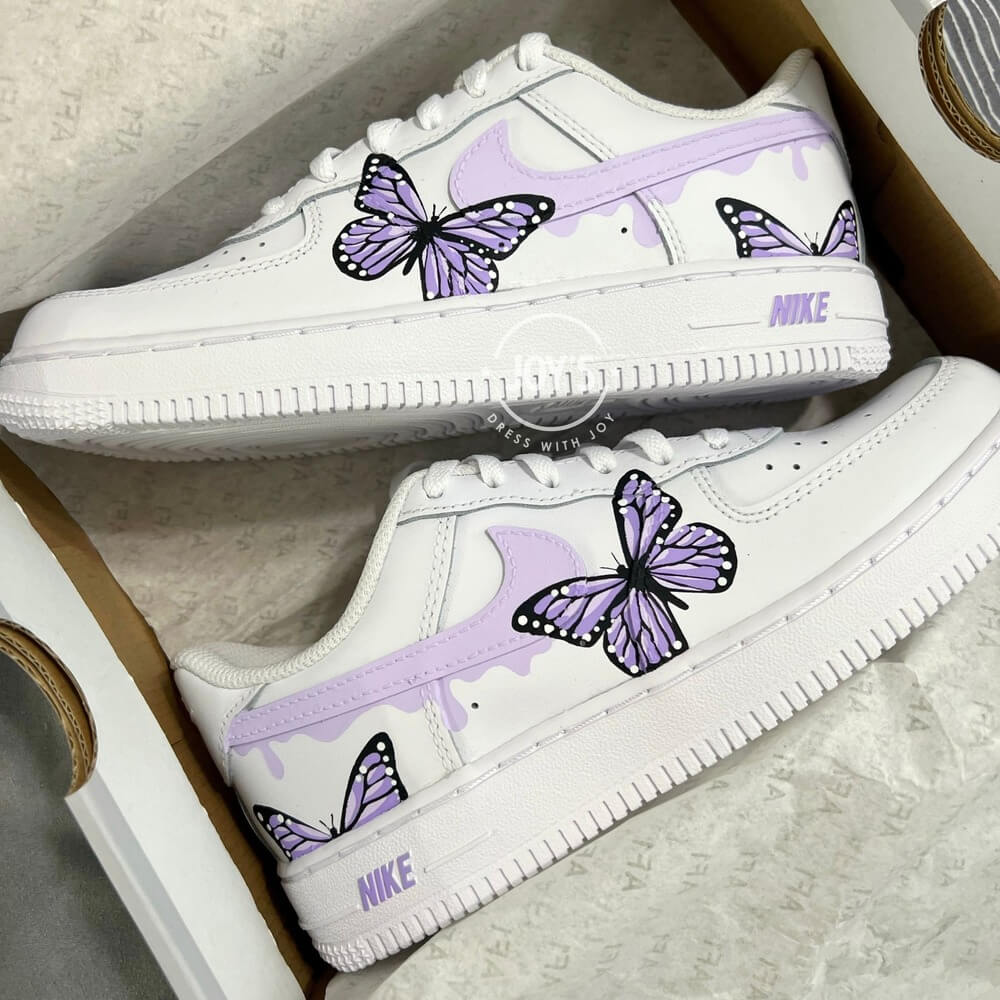 Dripping Purple Custom Air Force 1 Sneakers with Butterflies. Low, Mid & High top - Sneakers Joy's