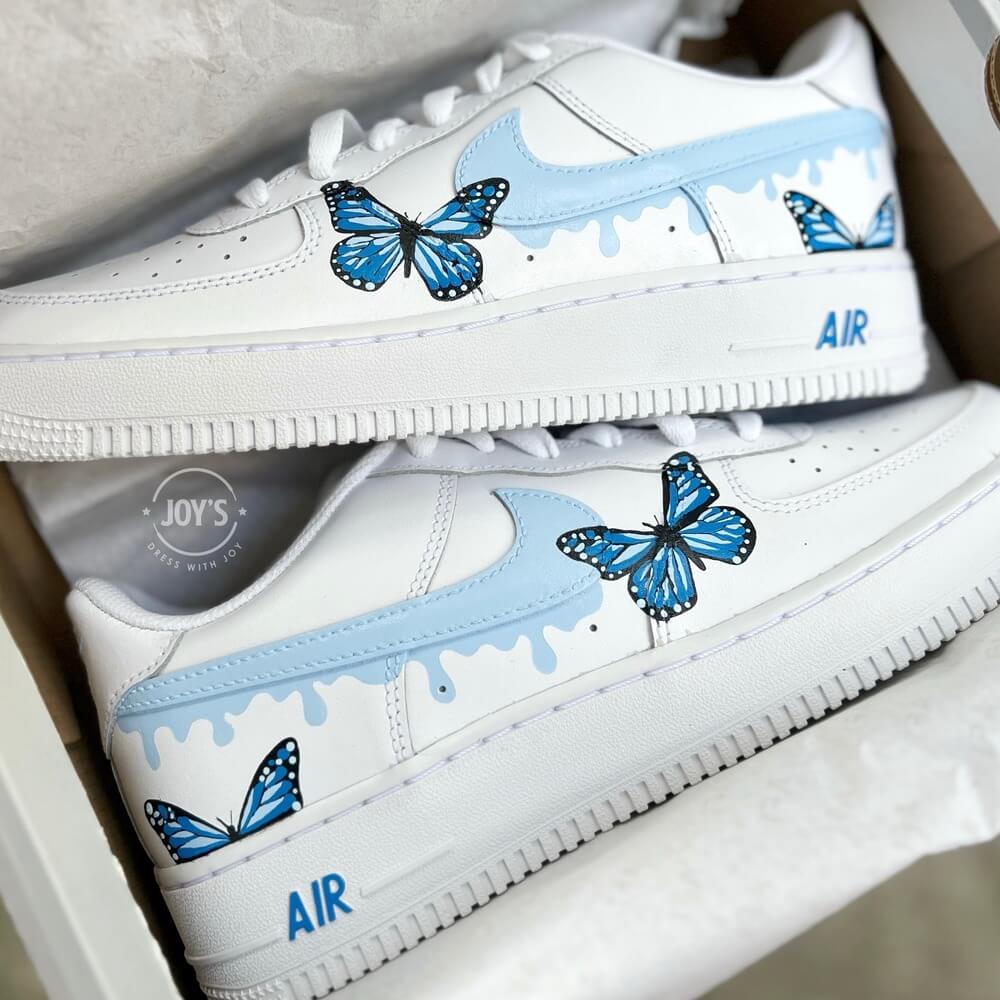 Final Sale-Dripping Blue Custom Air Force 1 Sneakers with Butterflies. Low Top - Sneakers Joy's