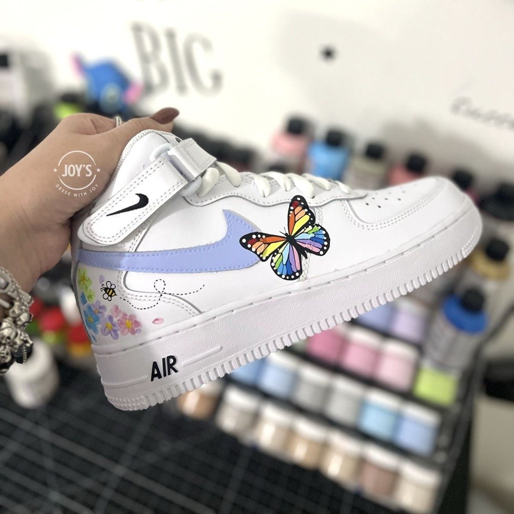 Final Sale-Floral Custom Air Force 1 Sneakers with Colorful Butterfly. Mid Top - Sneakers Joy's