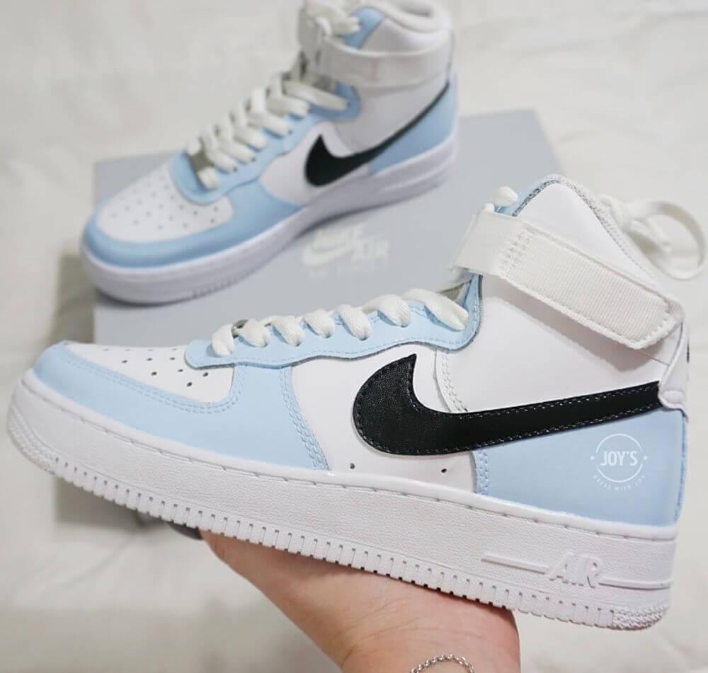Light Baby Blue and Black Custom Air Force 1 Low/Mid/High Sneakers - Sneakers Joy's