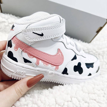 Pink Drip Cow Print Custom Air Force 1 Sneakers. Baby, Toddler, Little Kids.