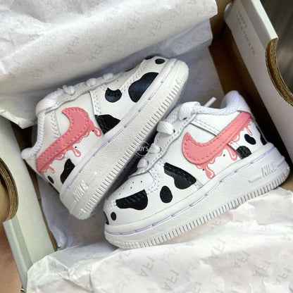 Pink Drip Cow Print Custom Air Force 1 Sneakers. Baby, Toddler, Little Kids.