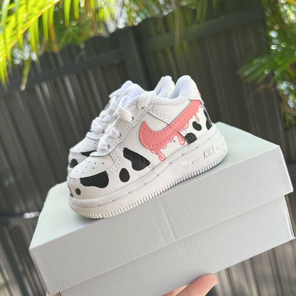 Pink Drip Cow Print Custom Air Force 1 Sneakers. Baby, Toddler, Little Kids.