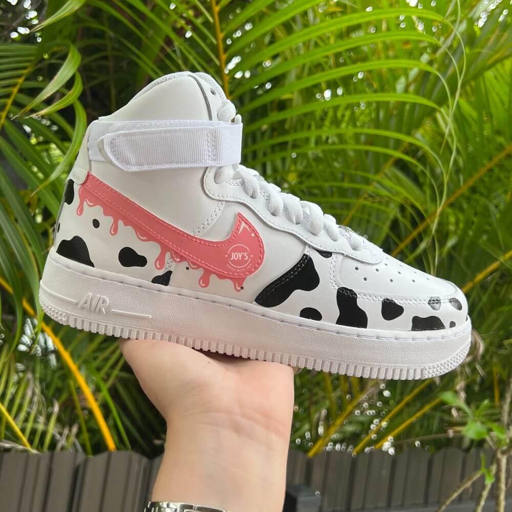 Pink Dripping with Cow Print Custom Air Force 1 Low/Mid/High Sneakers. Girls and Women - Sneakers Joy's