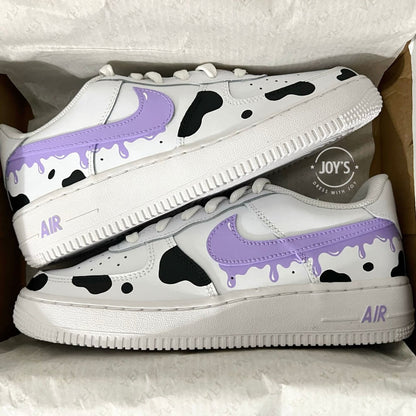 Custom Air Air Force Ones On Girls Purple Drip Cow Print Custom