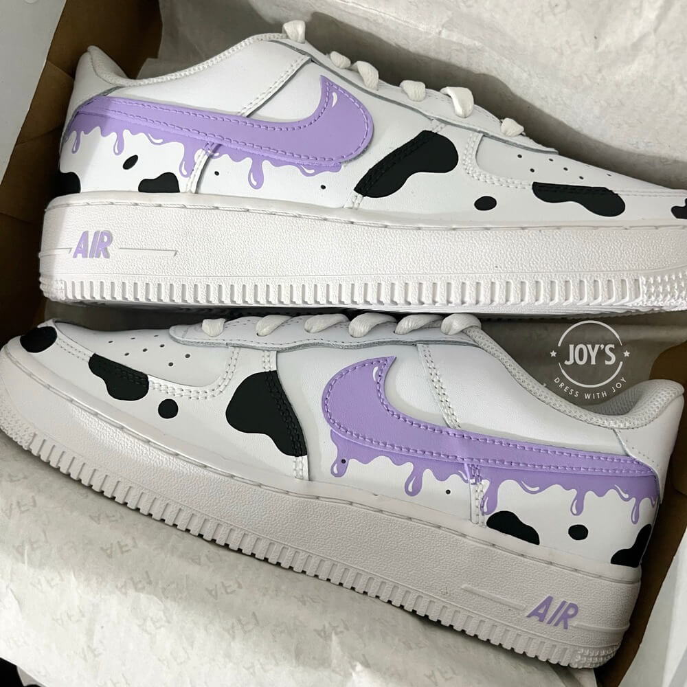 Purple Dripping with Cow Print Custom Air Force 1 Low/Mid/High Sneakers. Girls and Women - Sneakers Joy's